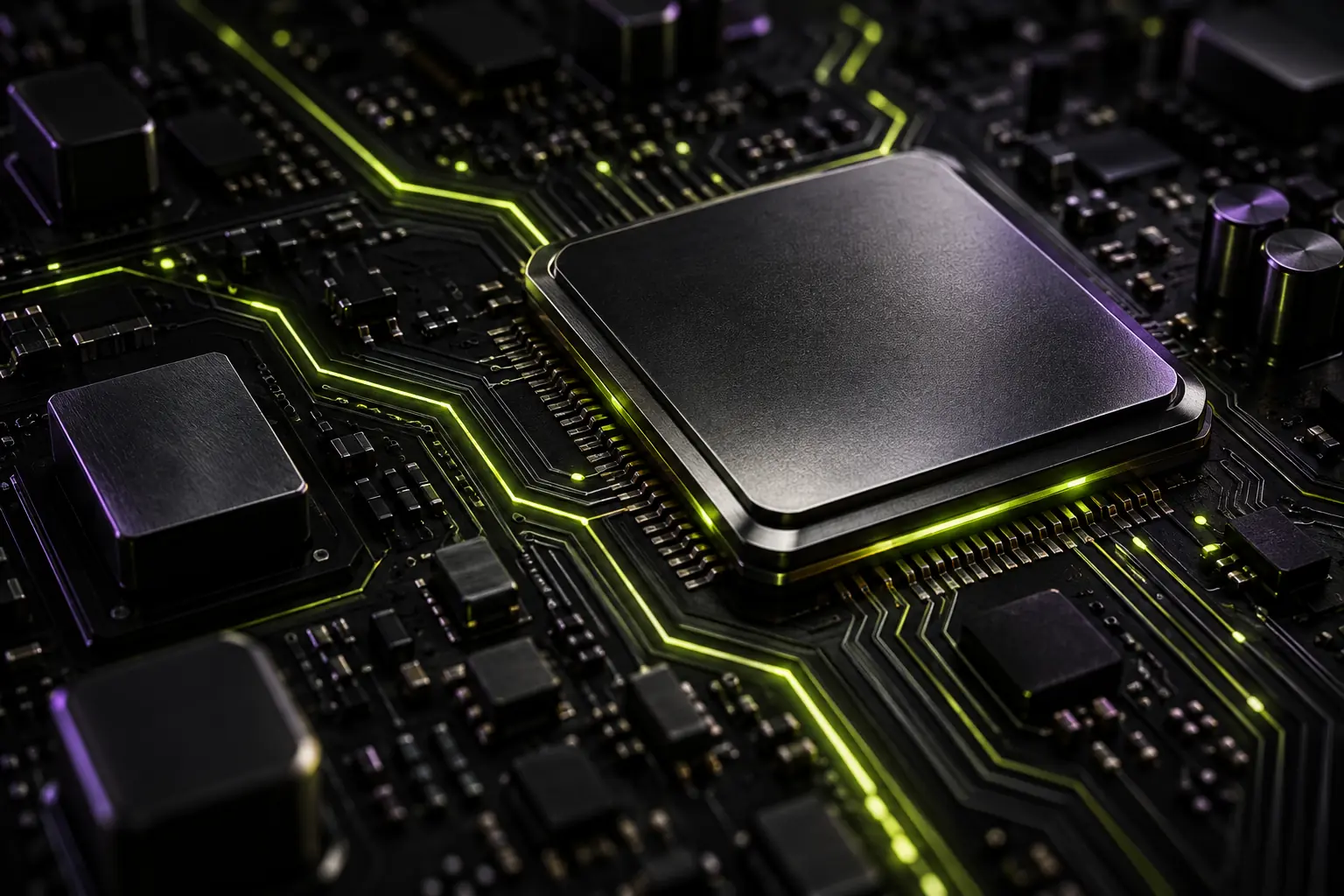 Conceptual macro image of a metallic chip and illuminated traces on a dark circuit board